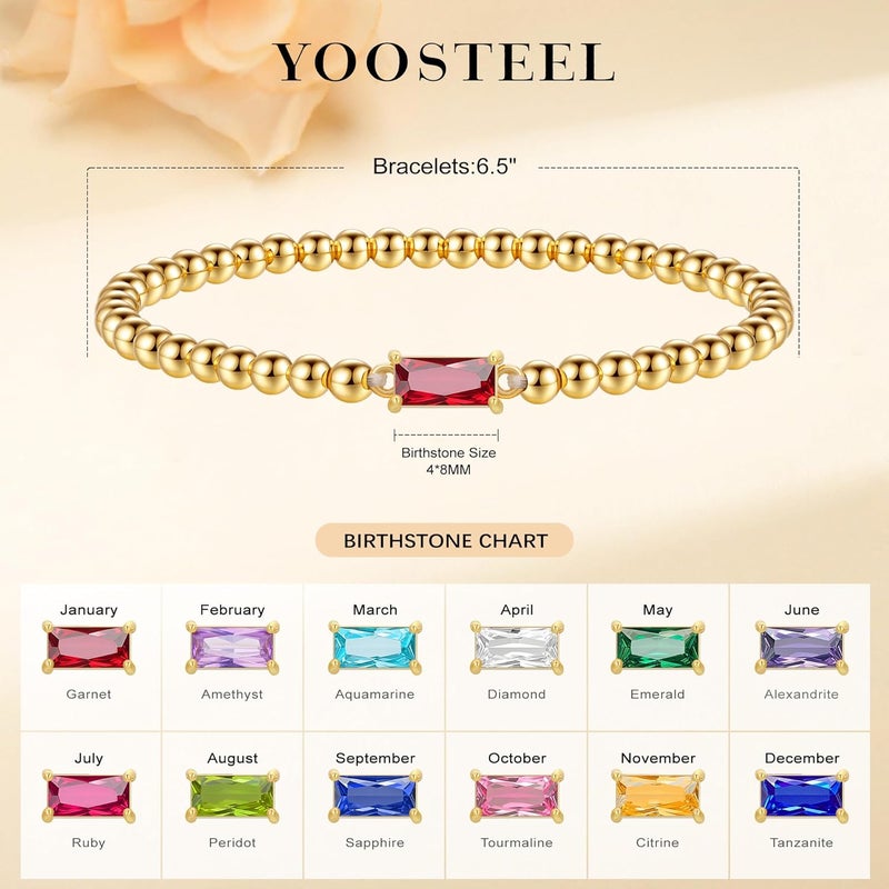 Yoosteel Dainty Birthstone Bracelet for Women - Valentines Day Gifts Elastic 14K-Gold-Plated Bead Bracelets Trendy Friendship Birthday Jewelry Gift for Women - Image 4